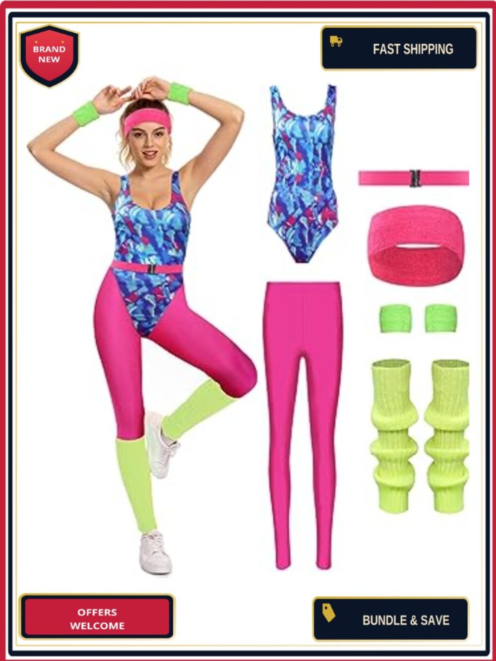 80s Workout Costume 6 Pc Retro Aerobics Leotard Set Leg Warmers